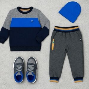 Deux par Deux Boys Gray Joggers 2T – Blue & Orange Striped Waistband